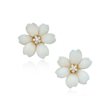 View full screen - View 1 of Lot 351. Pair of Coral and Diamond 'Rose de Noël' Earclips, France.