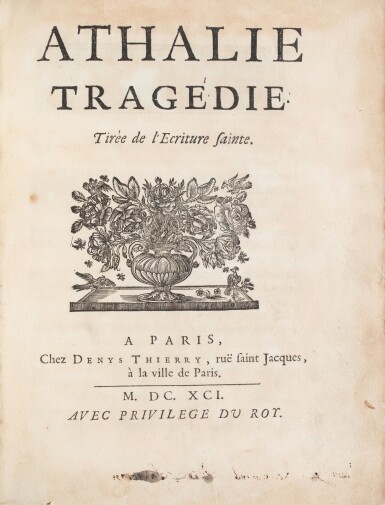 View full screen - View 1 of Lot 19. Athalie, tragédie. Tirée de l’écriture sainte. Paris, Denys Thierry, 1691. Édition originale. Rare envoi autographe de Jean Racine..