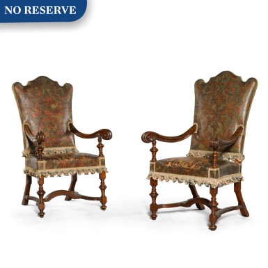 View full screen - View 1 of Lot 45. A pair of Italian Baroque style carved walnut armchairs.
