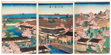 View full screen - View 1 of Lot 121. Utagawa Kuniyoshi (1797-1861) | View of the Pleasure Quarters of Yokohama (Yokohama kuruwa no zu) | Edo period, 19th century.