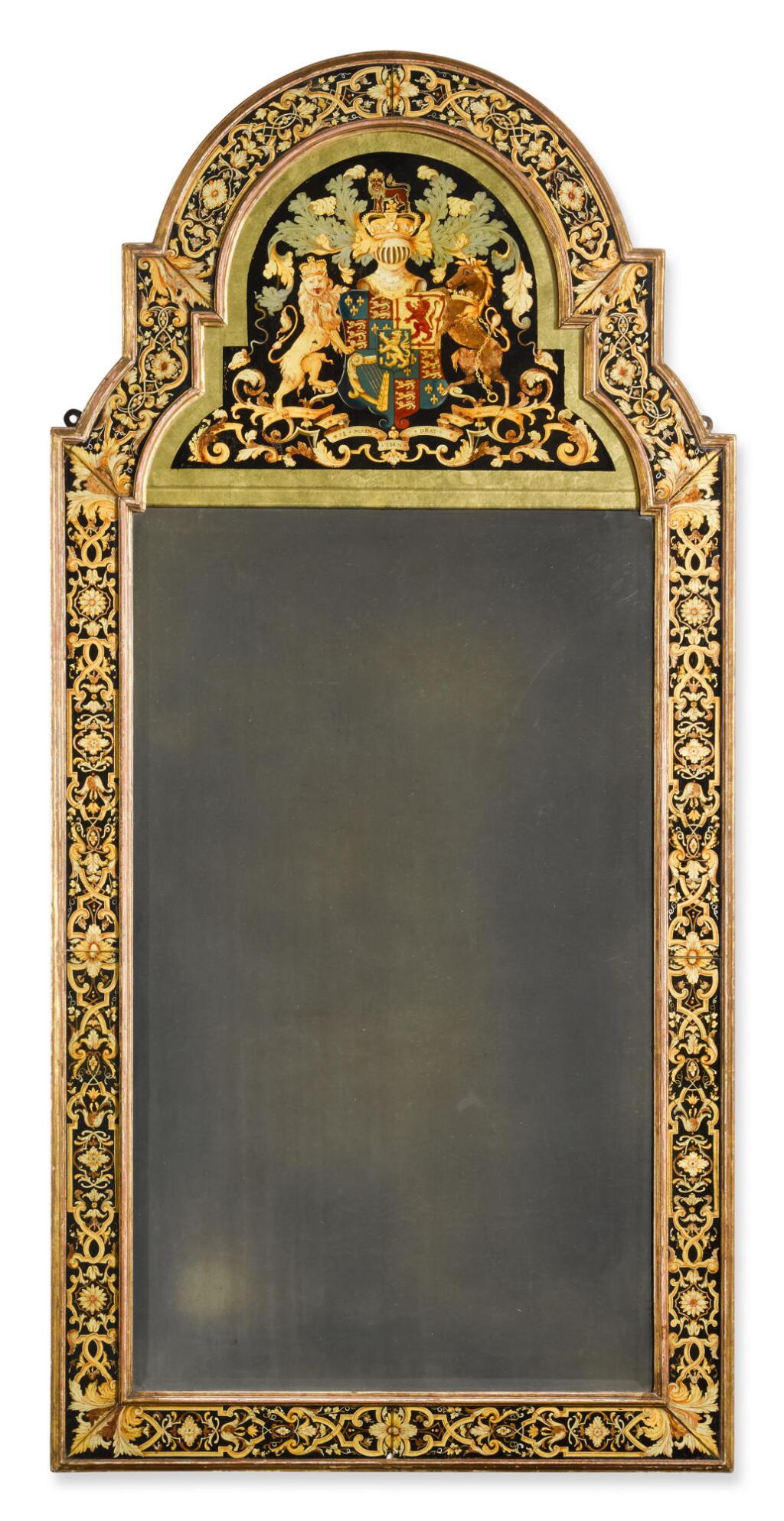 View full screen - View 1 of Lot 30. A William III style polychrome and gilt verre eglomisé armorial marginal pier mirror, early 20th century.