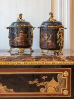 A pair of Louis XV gilt-bronze mounted painted metal covered vases pot-pourri, circa 1750 | Paire de vases pots-pourris couverts en tôle vernie et bronze doré d'époque Louis XV, vers 1750