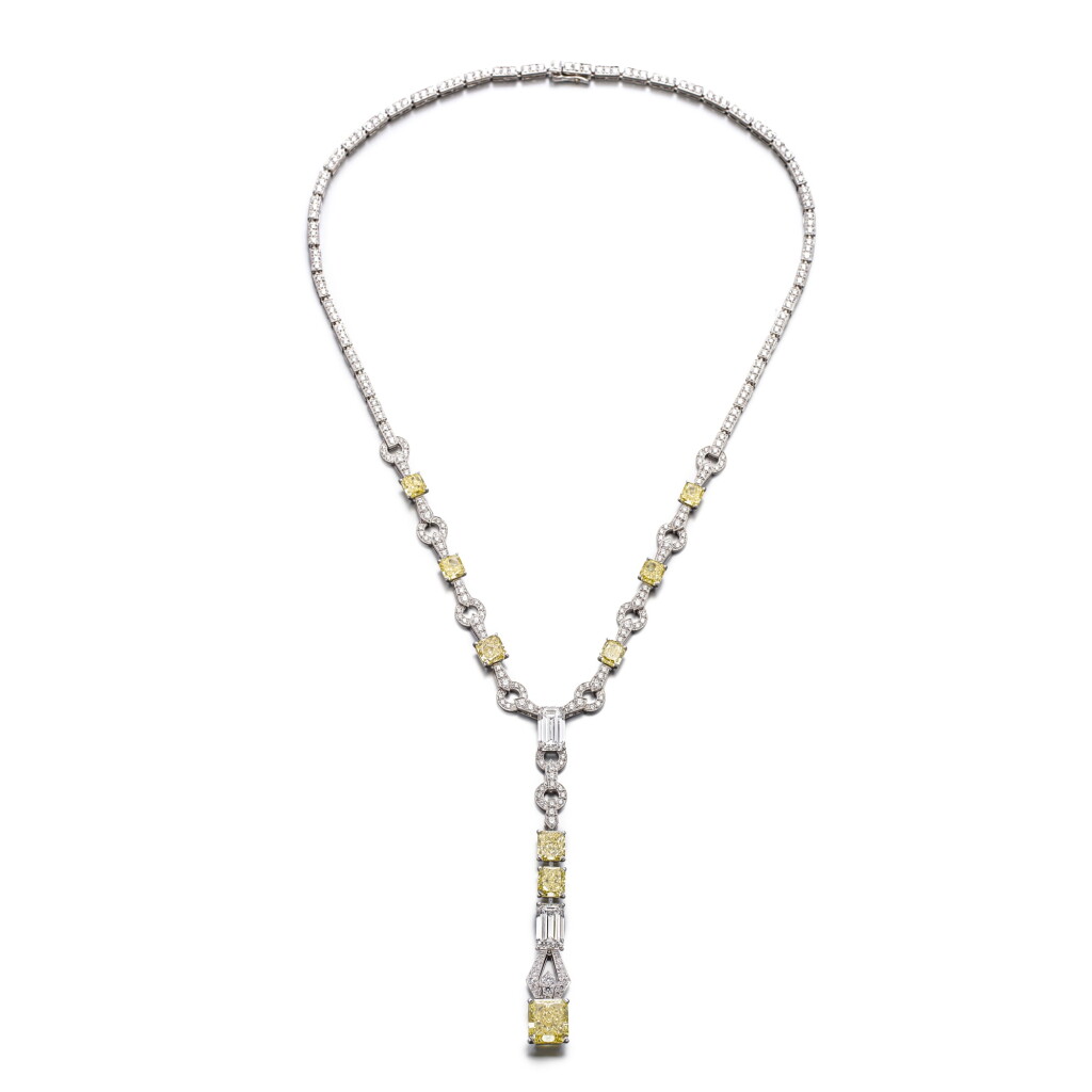 View full screen - View 1 of Lot 1824. Coloured Diamond and Diamond Pendent Necklace |卡地亞| 彩色鑽石 配 鑽石 項鏈.