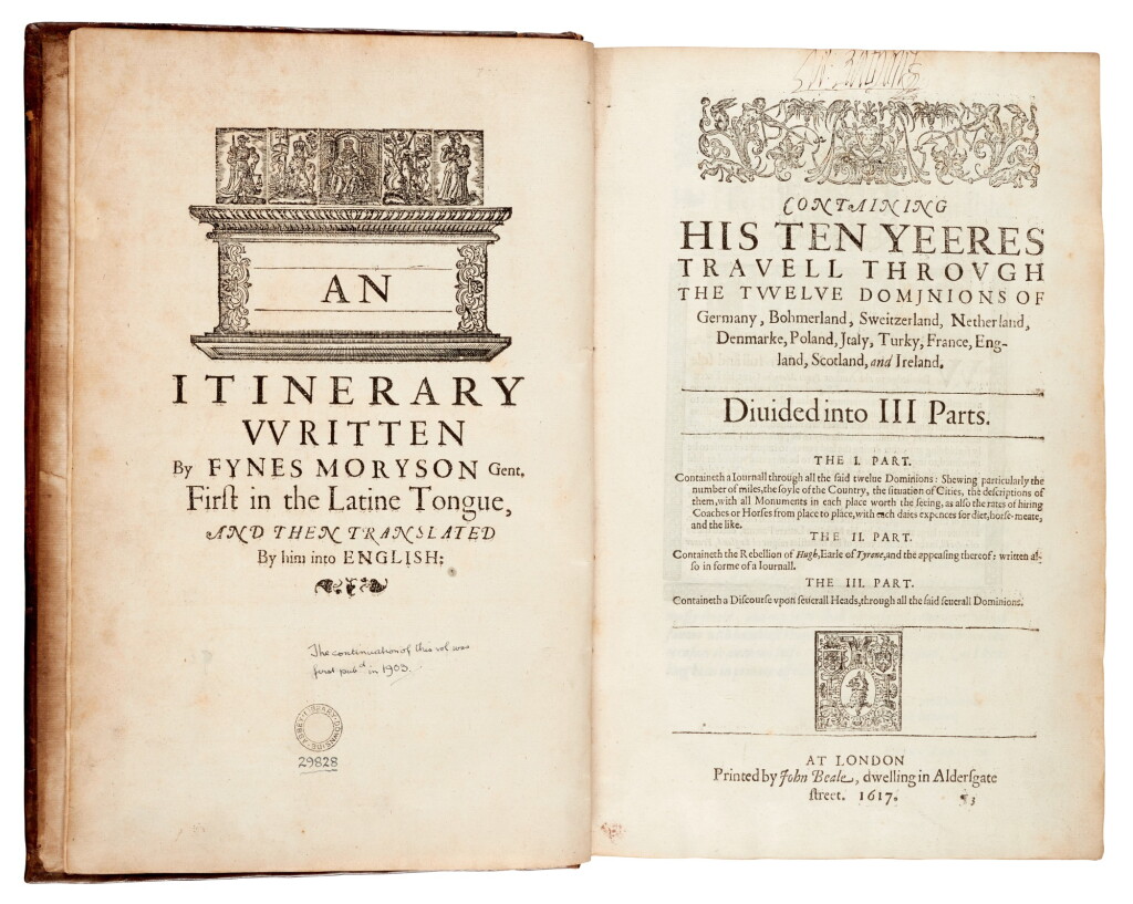 View full screen - View 1 of Lot 64. Fynes Moryson | An itinerary. London, 1617, speckled calf.