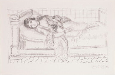 View full screen - View 1 of Lot 103. Orientale sur lit de repos, sol de carreaux rouges.