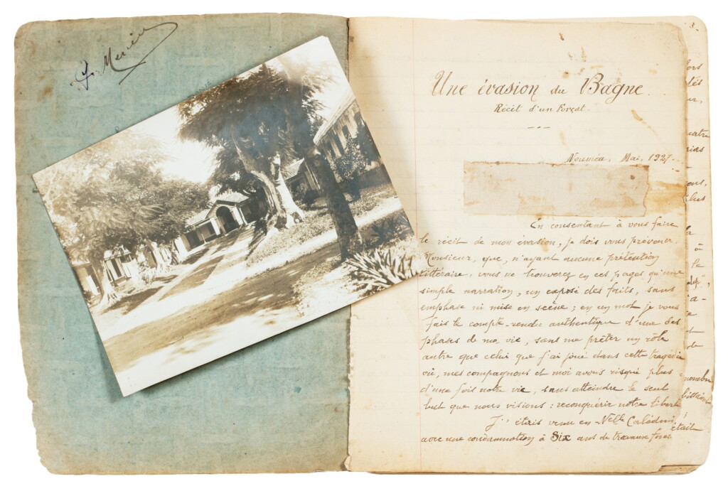 View full screen - View 1 of Lot 129. Une évasion du Bagne. Récit d'un forçat. Nouméa, 1927. Passionnant manuscrit d'un ancien bagnard relatant son évasion..