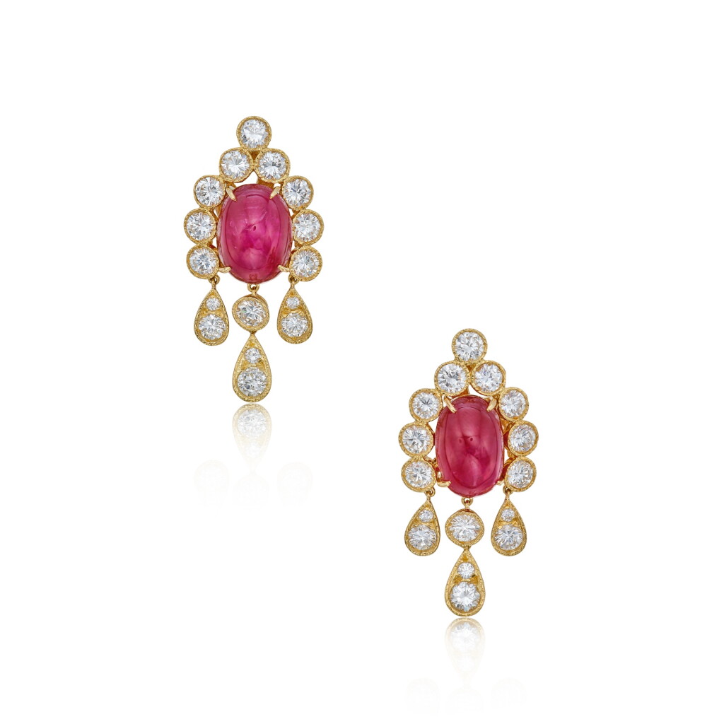 View full screen - View 1 of Lot 210. Pair of Ruby and Diamond 'Lima' Earclips, France.
