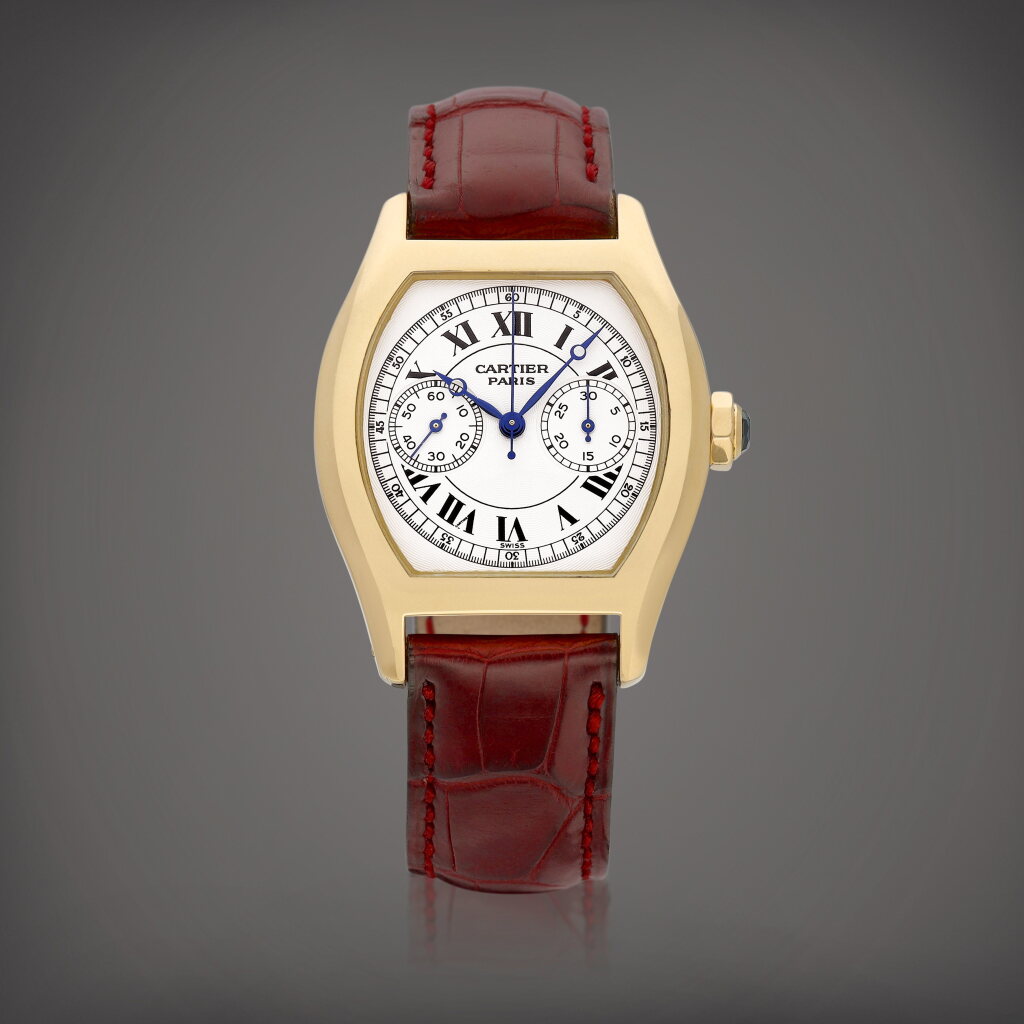 View full screen - View 1 of Lot 2146. Tortue Monopoussoir 'CPCP', Reference 2356 | A yellow gold single-button chronograph wristwatch, Circa 2005 | 卡地亞 | Tortue Monopoussoir 'CPCP' 型號2356 | 黃金單按鈕計時腕錶,約2005年製.