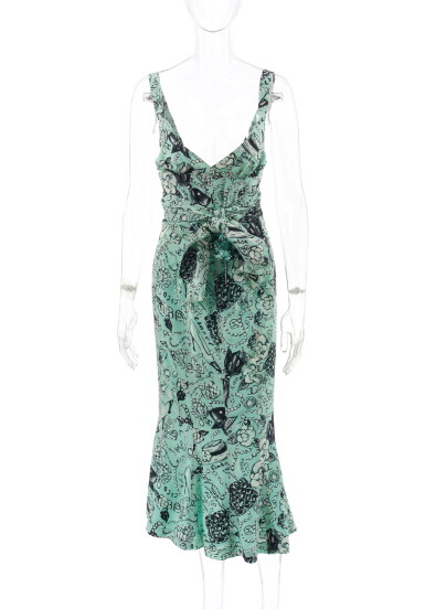 View full screen - View 1 of Lot 61. CHANEL | ICON PRINT SILK TOP AND SKIRT WITH MATCHING CAMELLIA BROOCH .