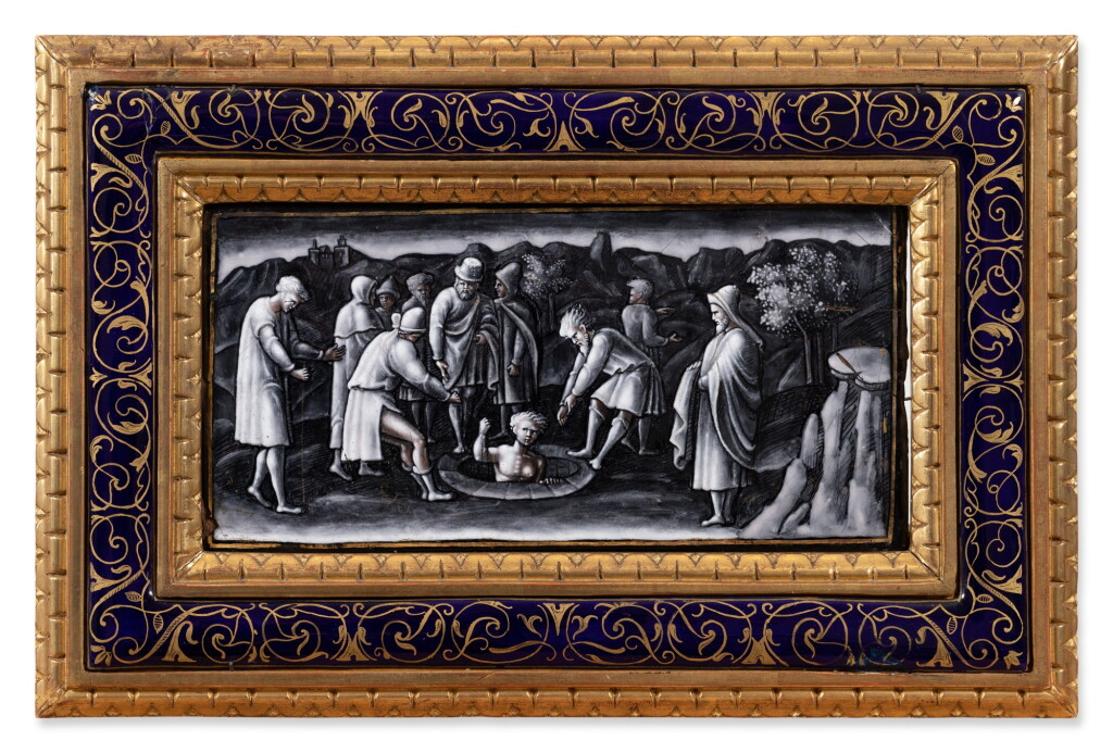 View full screen - View 1 of Lot 131. A Limoges grisaille painted enamel rectangular plaque depicting the Joseph in the well, attributed to Pierre Reymond (1513-1584), Circa 1560-1570.