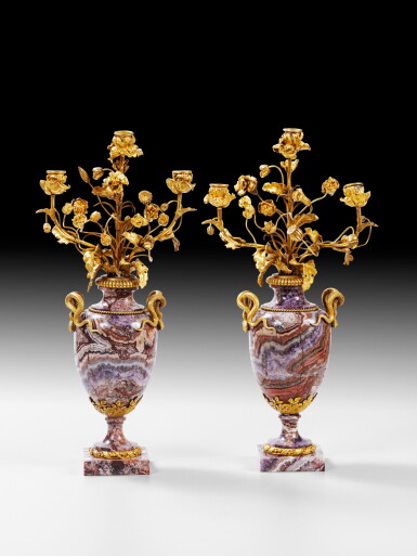 View full screen - View 1 of Lot 95. A pair of gilt-bronze Blue John candelabra, French Restauration, circa 1830-1850 | Paire de candélabres en bronze doré et spath fluor d'époque Restauration, vers 1830-1850.