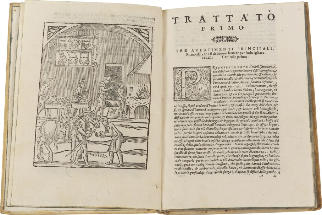 View full screen - View 1 of Lot 106. Fiaschi, La singolar maniera di imbrigliare... cavalli, Venice, 1598, old vellum.