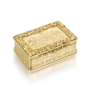 View full screen - View 1 of Lot 138. An Irish gold snuff box, by West & Son, Dublin, 1847 .