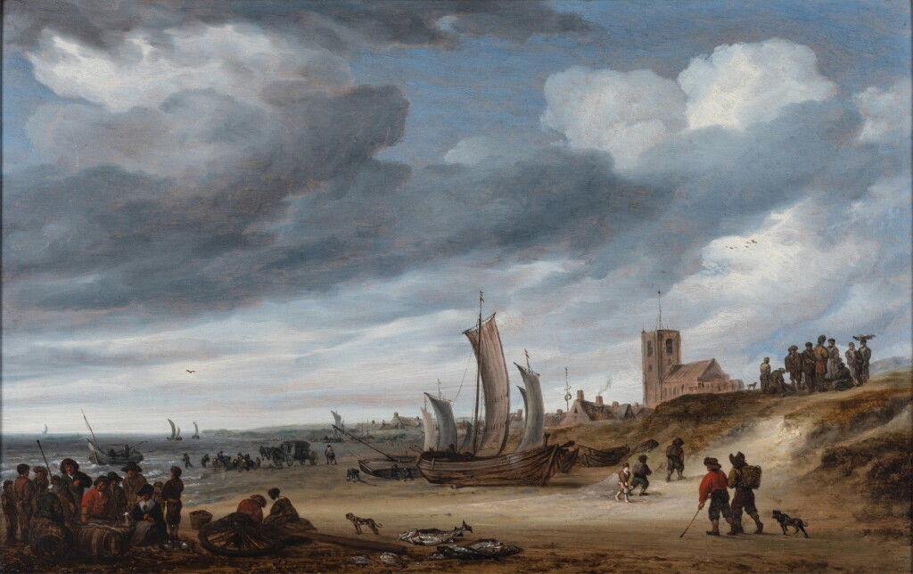 View full screen - View 1 of Lot 12. Fishermen on the beach at Egmond-aan-Zee, with boats, figures and their catch on the shore 《艾格蒙特海灘上的漁民,岸上的人、漁船與漁獲》.