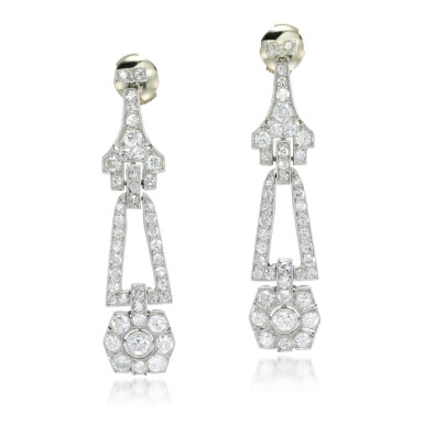 View full screen - View 1 of Lot 146. PAIR OF DIAMOND EARRINGS .