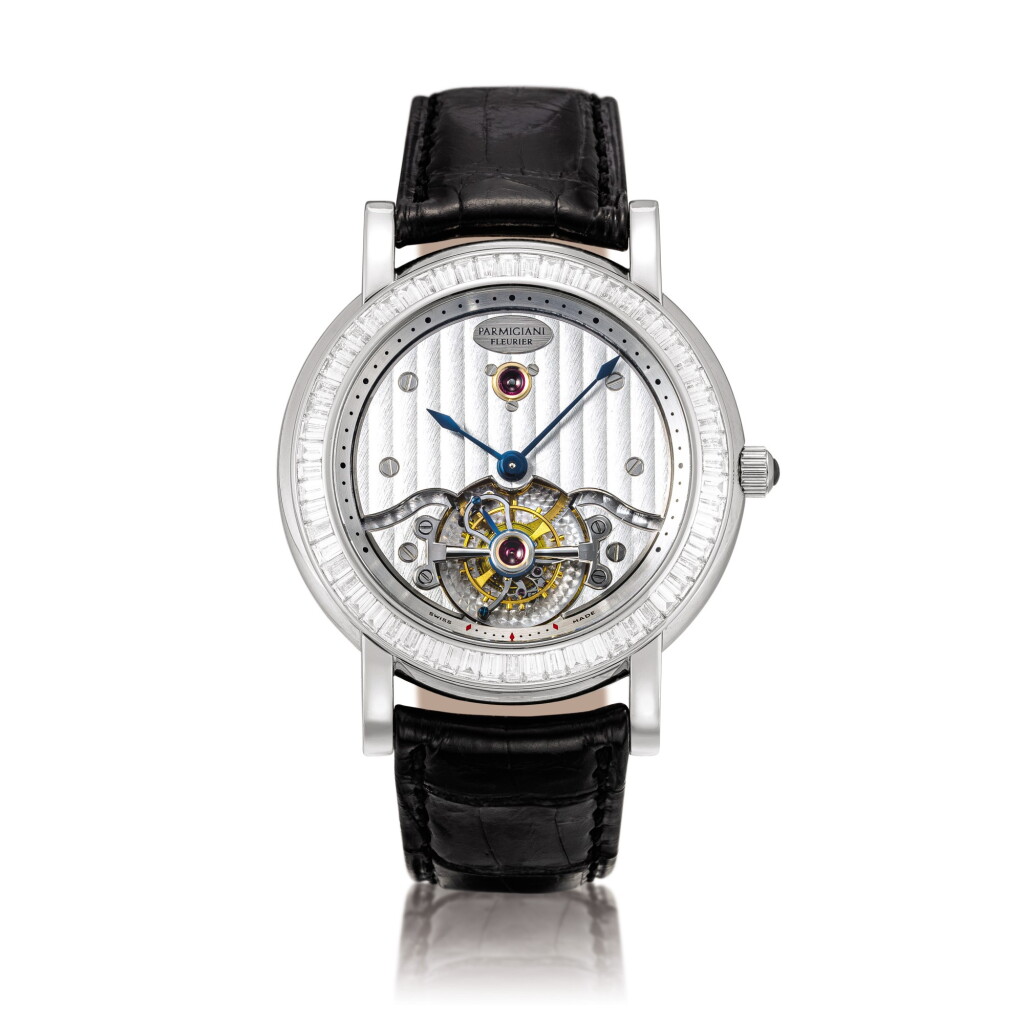 View full screen - View 1 of Lot 2099. Parmigiani Fleurier | Tourbillon, Reference PF000392, A platinum and diamond-set semi-skeletonized tourbillon wristwatch, Circa 2003 | Tourbillon 型號PF000392 鉑金鑲鑽石半鏤空陀飛輪腕錶,約2003年製.