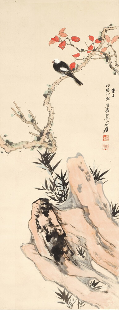 View full screen - View 1 of Lot 6074. 張大千 紅葉鶺鴒 | Zhang Daqian (Chang Dai-chien, 1899-1983), Motacilla by Red Leaves.