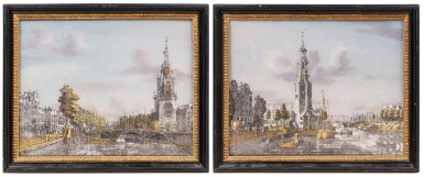 View full screen - View 1 of Lot 221. A pair of reverse glass paintings with Amsterdam vedute, 1784-1786, by Jonas Zeuner (1727-1814).