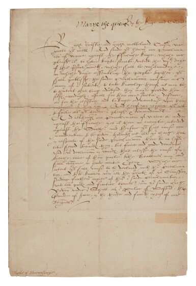 View full screen - View 1 of Lot 9. Queen Mary I | Letter signed, to the Earl of Shrewsbury, announcing war with France, 2 June 1557.