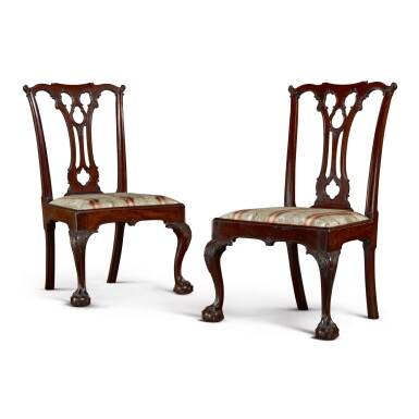 View full screen - View 1 of Lot 1671. FINE PAIR OF CHIPPENDALE CARVED MAHOGANY SIDE CHAIRS, POSSIBLY FROM THE WORKSHOP OF THOMAS TUFFT (1740-1788), PHILADELPHIA, PENNSYLVANIA, CIRCA 1770.