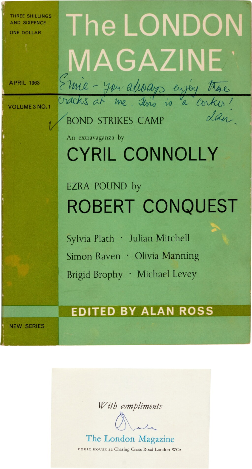 View full screen - View 1 of Lot 112. Cyril Connolly | Bond Strikes Camp, 1963, presentation copy from Ian Fleming to Ernie Cuneo.
