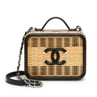 View full screen - View 1 of Lot 145. Black Patent Leather and Natural Rattan CC Filigree Vanity Case Silver Hardware, 2019.