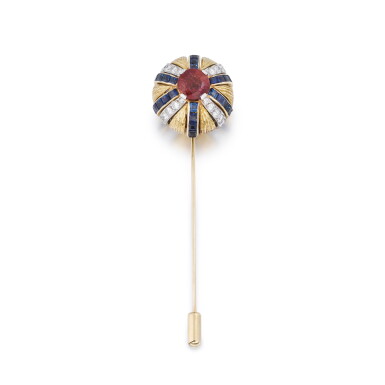 View full screen - View 1 of Lot 274. Tourmaline, sapphire and diamond stick pin | Epingle à cravate tourmaline, saphirs et diamants .