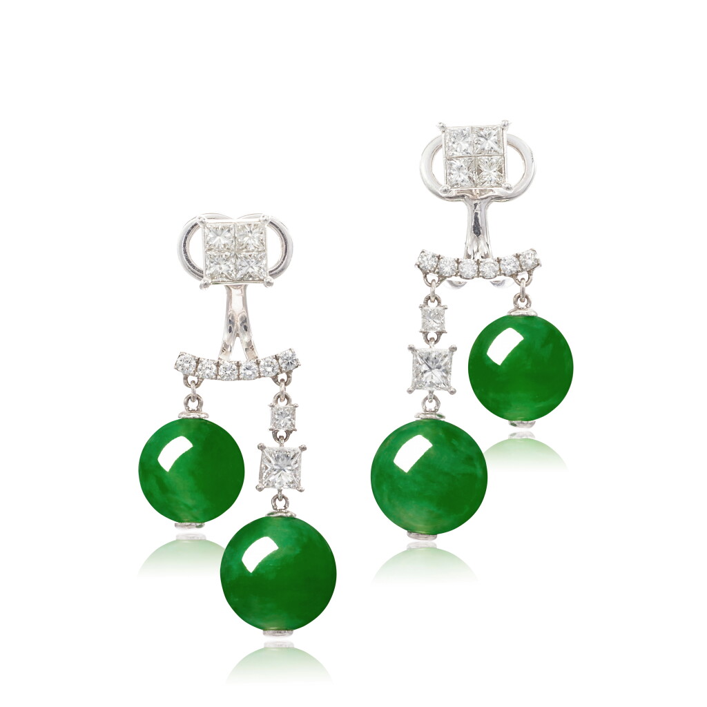View full screen - View 1 of Lot 1671. Pair of Jadeite Bead and Diamond Earrings | 天然翡翠珠 配 鑽石 耳環一對.