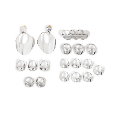View full screen - View 1 of Lot 627. Frances Patiky Stein's Collection: Lot of Eighteen Silver Rings and One pair of Earrings, 2000.