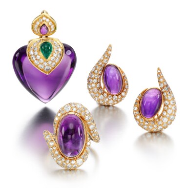 View full screen - View 1 of Lot 33. Marina B | Amethyst, emerald and diamond pendant || Amethyst and diamond demi-parure.