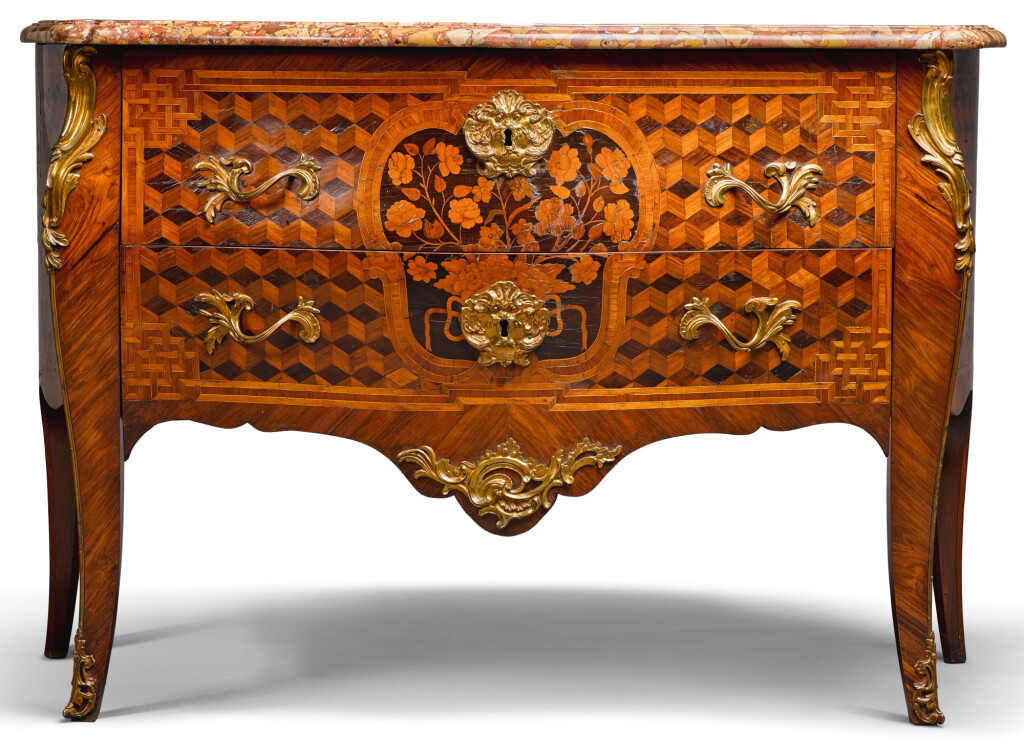 View full screen - View 1 of Lot 131. A DUTCH GILT-BRONZE MOUNTED TULIPWOOD MARQUETRY AND PARQUETRY COMMODE, ATTRIBUTED TO MATTHIJS HORRIX CIRCA 1765.