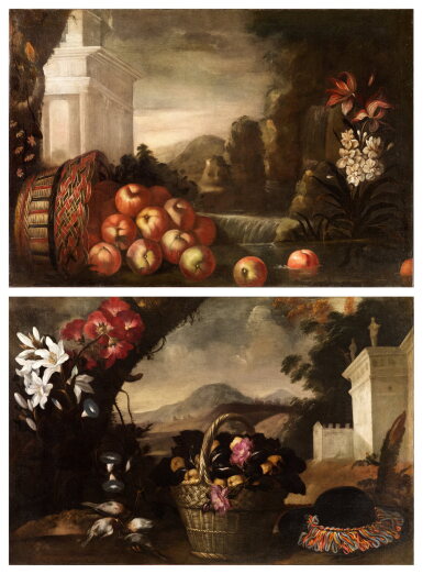 View full screen - View 1 of Lot 17. Still Life with Overturned Basket of Apples; Still Life with a basket of flowers and fruits | Nature morte au panier de pommes renversé ; Nature morte au panier de fleurs et de fruits.