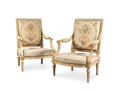 View full screen - View 1 of Lot 70. A pair of parcel gilt white painted armchairs, stamped G. Jacob, Louis XVI, circa 1780 | Paire de fauteuils en bois laqué blanc et rechampi or d'époque Louis XVI, estampillés G. Jacob, vers 1780.
