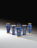 A CHINESE FIVE-PIECE BLUE AND GILT DECORATED PORCELAIN GARNITURE WITH GILT-BRONZE MOUNTS, QING DYNASTY, EARLY 19TH CENTURY | GARNITURE DE CINQ VASES EN PORCELAINE DE CHINE BLEU ET OR À MONTURE DE BRONZE DORÉ, DYNASTIE QING, DÉBUT DU XIXE SIÈCLE