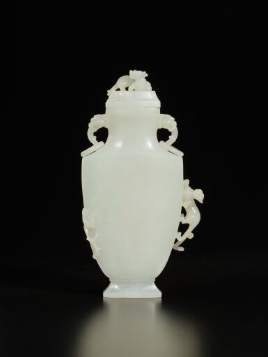 View full screen - View 1 of Lot 298. A white jade 'chilong' flattened vase and cover, Qing dynasty, 19th century | 清十九世紀 白玉雕螭龍紋龍耳活環蓋瓶.