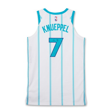 View full screen - View 1 of Lot 96. Kon Knueppel Charlotte Hornets 2025-2026 Game Worn and Signed Jersey | Rookie Season | Five 3-Pointers.
