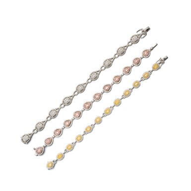 View full screen - View 1 of Lot 216. Three Coloured Diamond and Diamond Bracelets | 彩色鑽石 配 鑽石 手鏈三條.