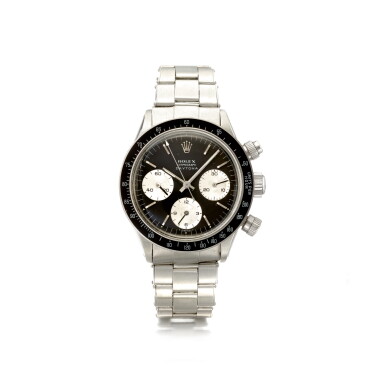 View full screen - View 1 of Lot 863. ROLEX | REF 6240/6239 DAYTONA, A STAINLESS STEEL CHRONOGRAPH WRISTWATCH WITH REGISTERS AND BRACELET, CIRCA 1966 | 勞力士 | 6240/6239型號「DAYTONA」精鋼計時鍊帶腕錶,年份約1966.