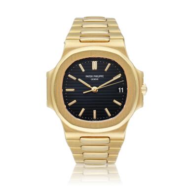 View full screen - View 1 of Lot 3. Reference 3800/001 Nautilus | A yellow gold automatic wristwatch with date and bracelet, Circa 1985.
