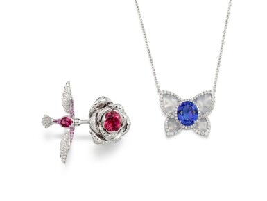 View full screen - View 1 of Lot 8019. Tanzanite, Chalcedony and Diamond Pendent Necklace; and Pink Spinel and Tourmaline Ring | 坦桑石、玉髓 配 鑽石 項鏈; 及 粉紅尖晶石 配 碧璽 戒指.