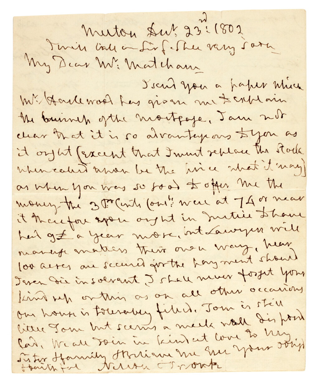 View full screen - View 1 of Lot 97. NELSON | Autograph letter signed, to Matcham, together with enclosure, 1802.