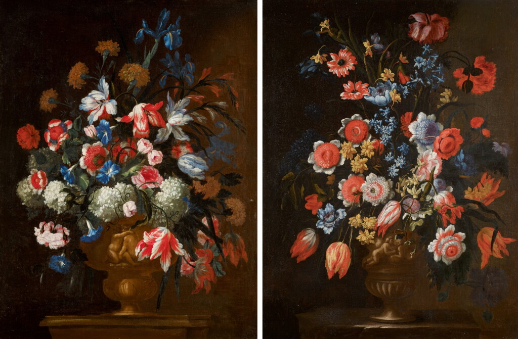 View full screen - View 1 of Lot 141. FRANCESCO MANTOVANO | FLORAL STILL LIFES OF BOUQUETS OF FLOWERS IN SCULPTED URNS, UPON A LEDGE.