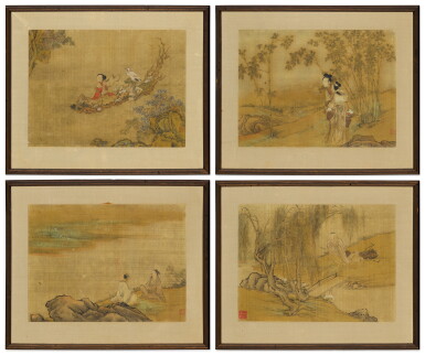 View full screen - View 1 of Lot 767. Yi Quan, Ladies and Scholars, ink and color on silk, framed, Qing dynasty, 18th century | 清十八世紀 怡泉 仕女高士圖一組四件 設色絹本 裝框.
