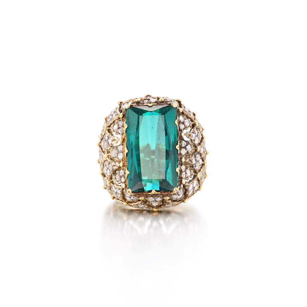View full screen - View 1 of Lot 378. Two-Color Gold, Tourmaline and Diamond Ring.