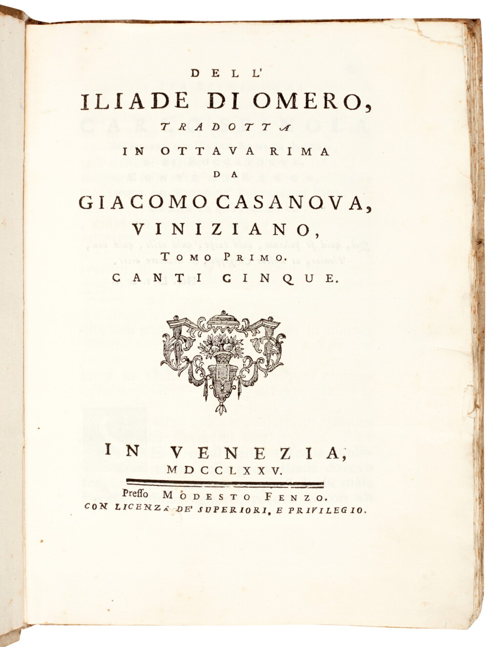View full screen - View 1 of Lot 103. Homer, Iliade, translated by Casanova, Venice, 1775-1778, 3 volumes, carta rustica, uncut.