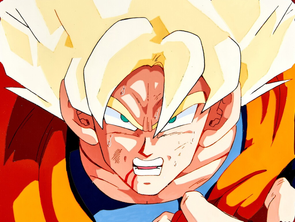 View full screen - View 1 of Lot 33. Super Saiyan Goku (Episode 129) Animation Cel with Printed Background | 超級撒亞人孫悟空(第129集)賽璐璐,附印刷背景.
