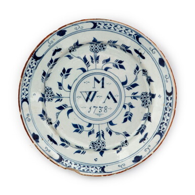 View full screen - View 1 of Lot 34. English Delftware Blue and White Plate, dated 1738.