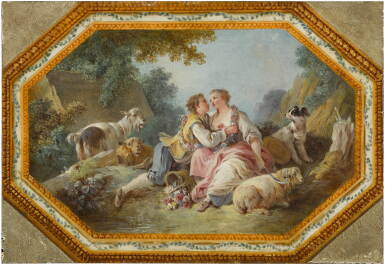View full screen - View 1 of Lot 176. An amorous shepherd and shepherdess seated by a pool.