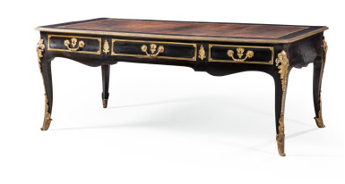 View full screen - View 1 of Lot 24. A Louis XV ebonised pearwood bureau plat, mid-18th century | Bureau plat en poirier noirci d'époque Louis XV, milieu du XVIIIème siècle et monture de bronze doré d'époque postérieure.