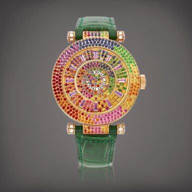 View full screen - View 1 of Lot 893. Double Mystery Quatre Saisons, Reference DM 42 QTR SAI D 3R CD | A pink gold, diamond and multi-coloured gem-set wristwatch, Circa 2015 | Double Mystery Quatre Saisons 型號DM 42 QTR SAI D 3R CD | 粉紅金鑲鑽石及多彩寶石腕錶,約2015年製.